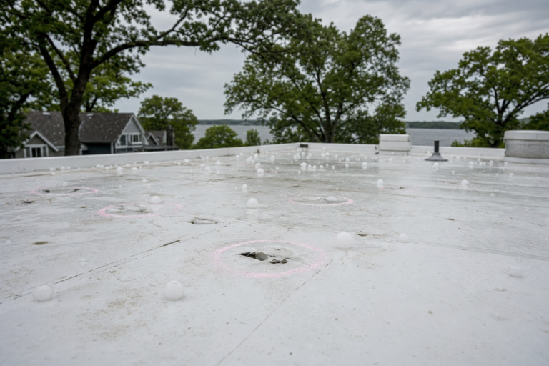 Hail-damaged commercial TPO membrane in White Bear Lake, MN with adjuster chalk circles marking impacts