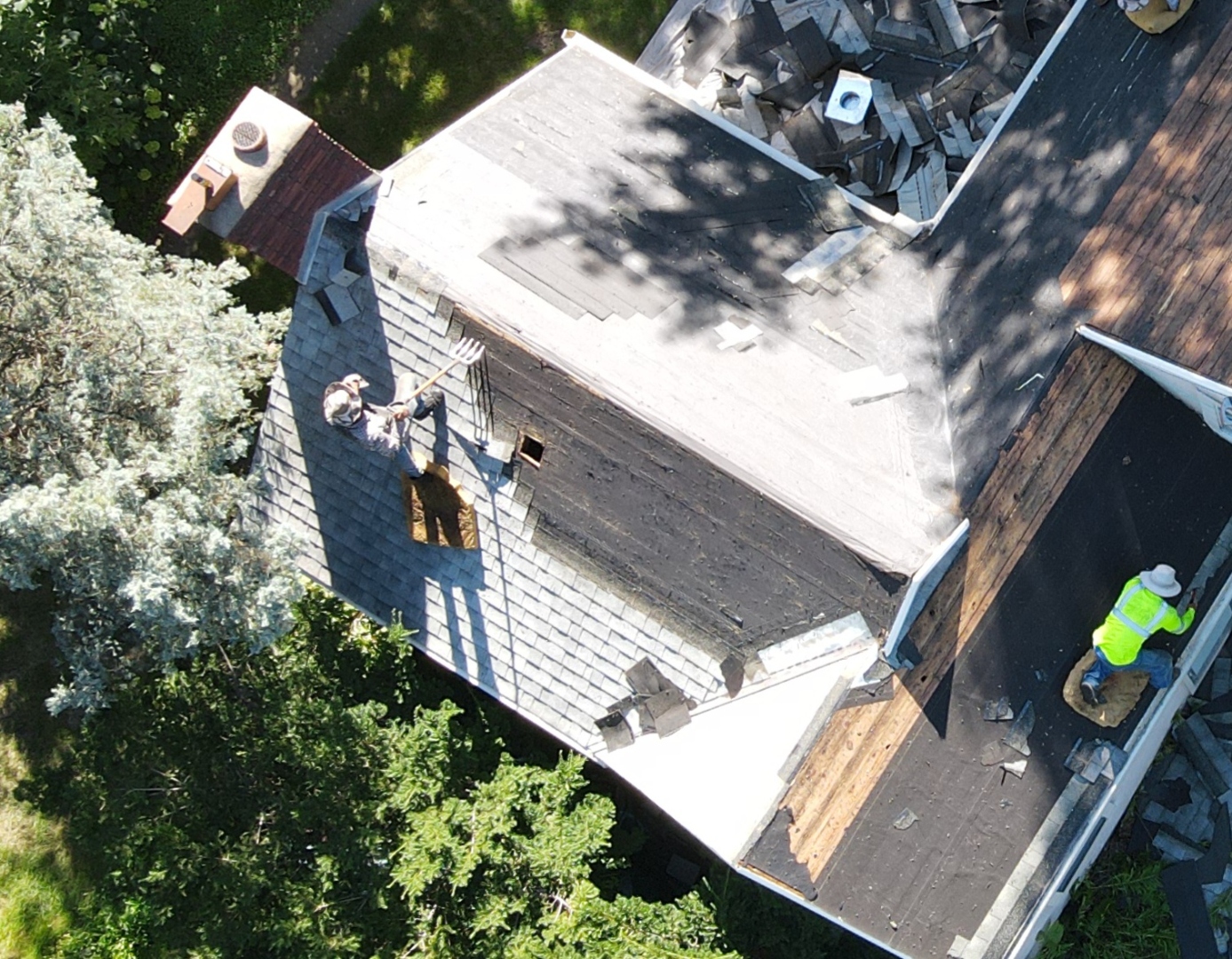 Sellers Roofing Company drone inspection of completed residential roof project in Eagan, MN — emergency and replacement roofing by Local 96 union crew