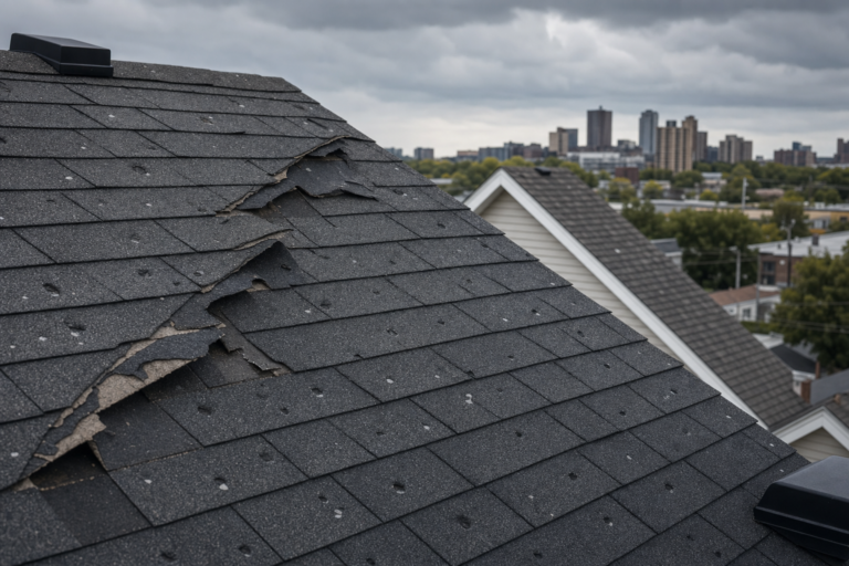 Storm-damaged roof on a Columbia Heights, MN home — torn shingles and debris after a Minnesota thunderstorm