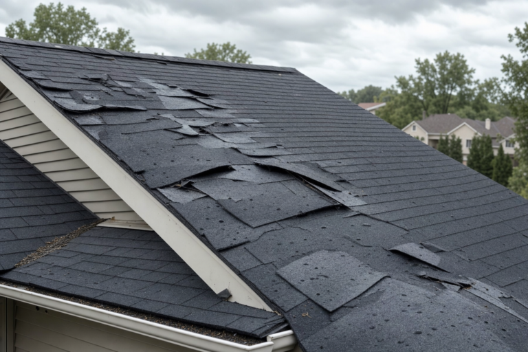 Storm-damaged roof on a Cottage Grove, MN home — torn shingles and debris after a Minnesota thunderstorm