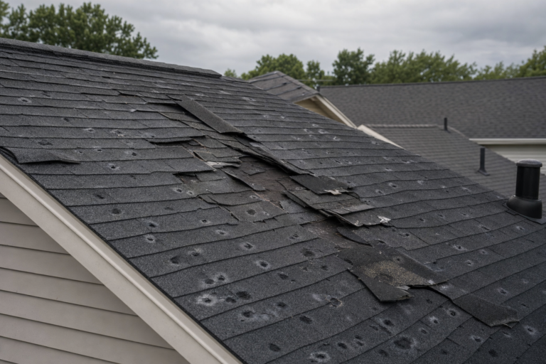 Storm-damaged roof on a Elko New Market, MN home — torn shingles and debris after a Minnesota thunderstorm