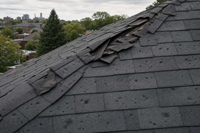 Storm-damaged roof on a Falcon Heights, MN home — torn shingles and debris after a Minnesota thunderstorm