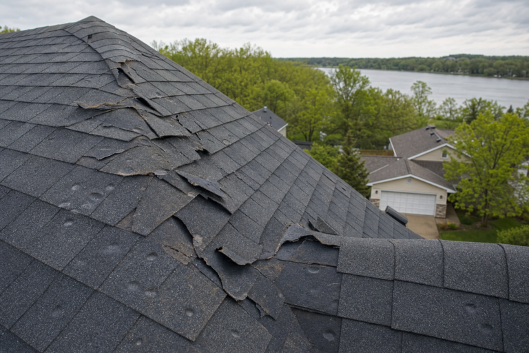 Storm-damaged roof on a Fridley, MN home — torn shingles and debris after a Minnesota thunderstorm