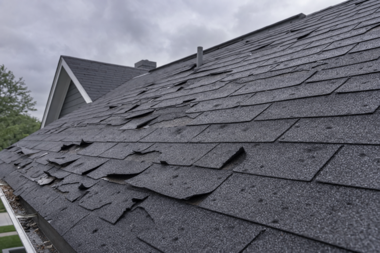 Storm-damaged roof on a Hopkins, MN home — torn shingles and debris after a Minnesota thunderstorm