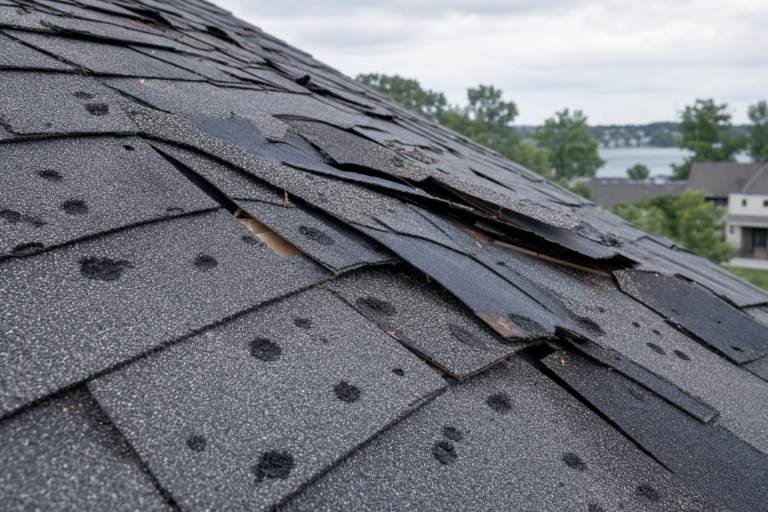Storm-damaged roof on a Little Canada, MN home — torn shingles and debris after a Minnesota thunderstorm