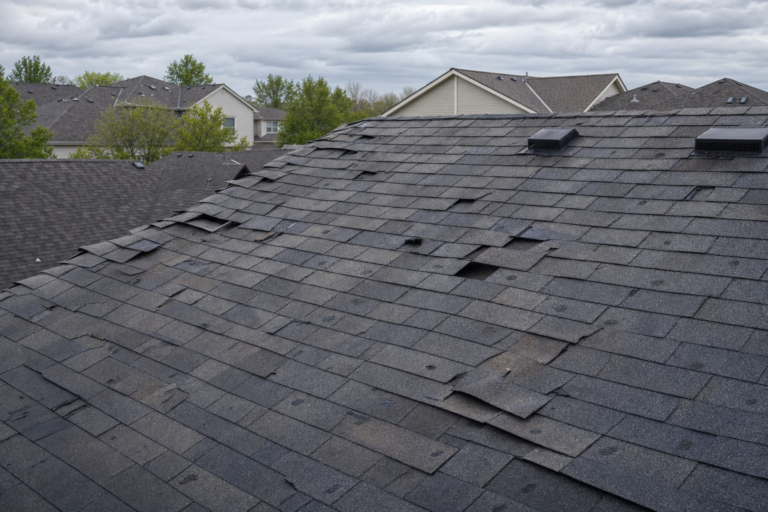 Storm-damaged roof on a Maple Grove, MN home — torn shingles and debris after a Minnesota thunderstorm