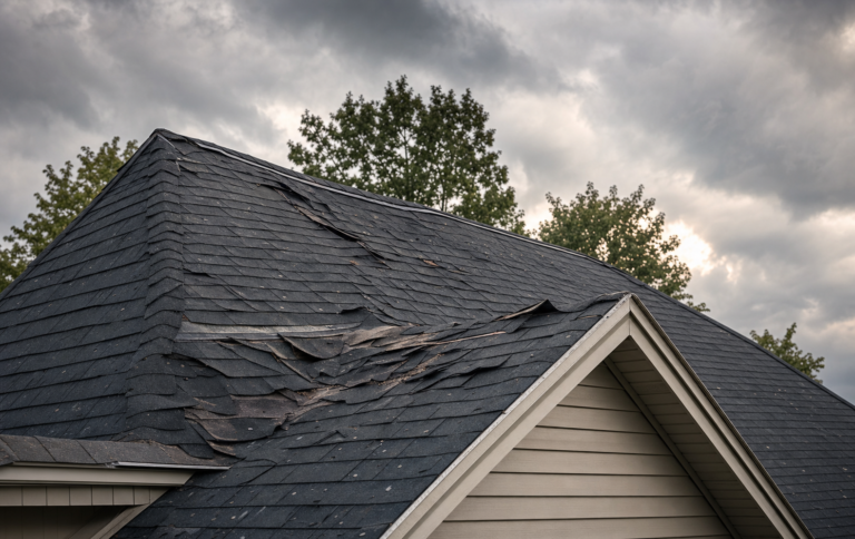 Storm damage on a Maplewood, MN residential roof — torn asphalt shingles after a Minnesota thunderstorm