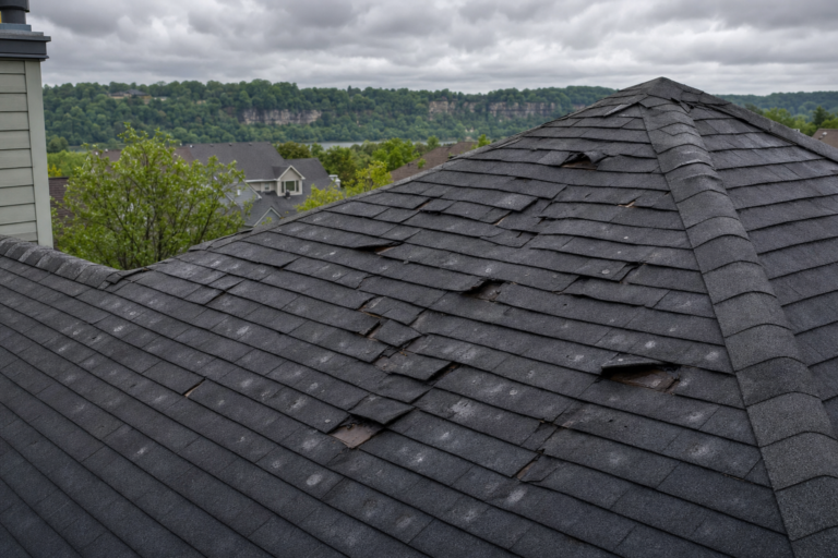 Storm-damaged roof on a Mendota Heights, MN home — torn shingles and debris after a Minnesota thunderstorm