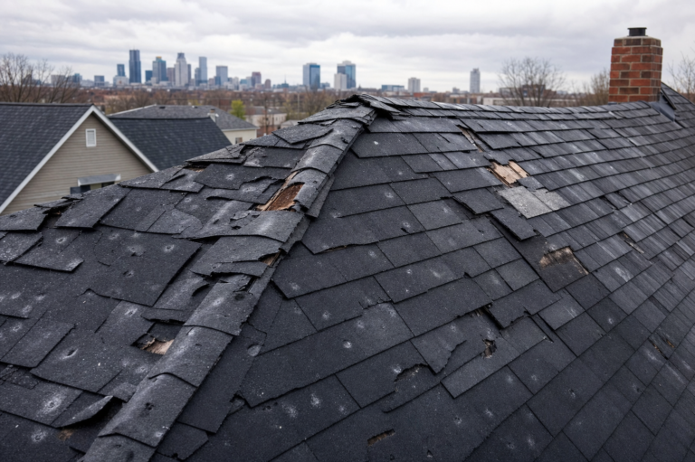 Storm-damaged roof on a Minneapolis, MN home — torn shingles and debris after a Minnesota thunderstorm