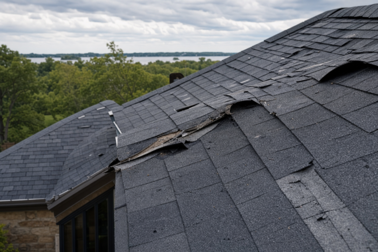 Storm-damaged roof on a Minnetrista, MN home — torn shingles and debris after a Minnesota thunderstorm
