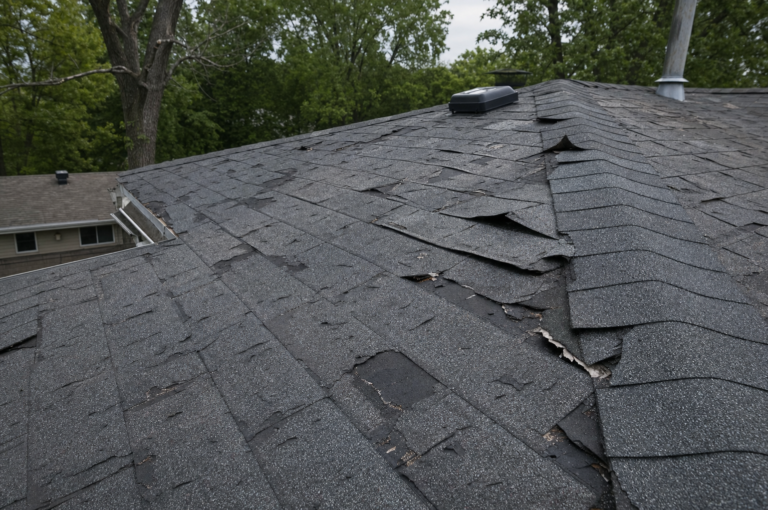 Storm-damaged roof on a New Brighton, MN home — torn shingles and debris after a Minnesota thunderstorm
