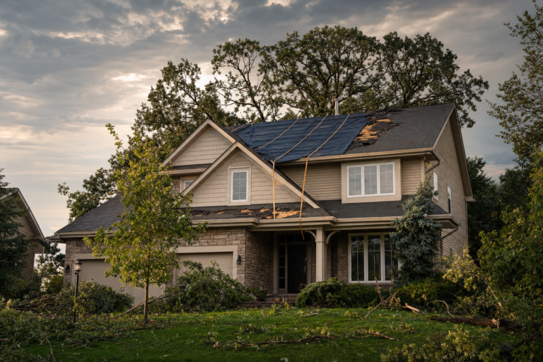 Storm-damaged Roseville MN home with tarp and yard debris after Twin Cities windstorm