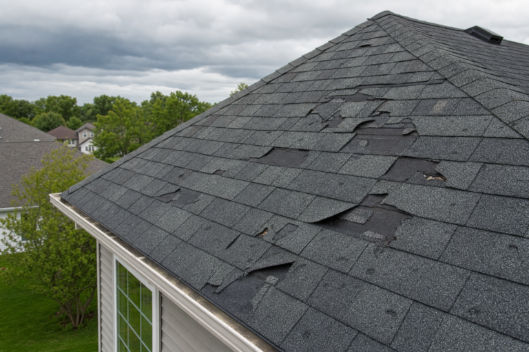 Storm-damaged roof on a Savage, MN home — torn shingles and debris after a Minnesota thunderstorm