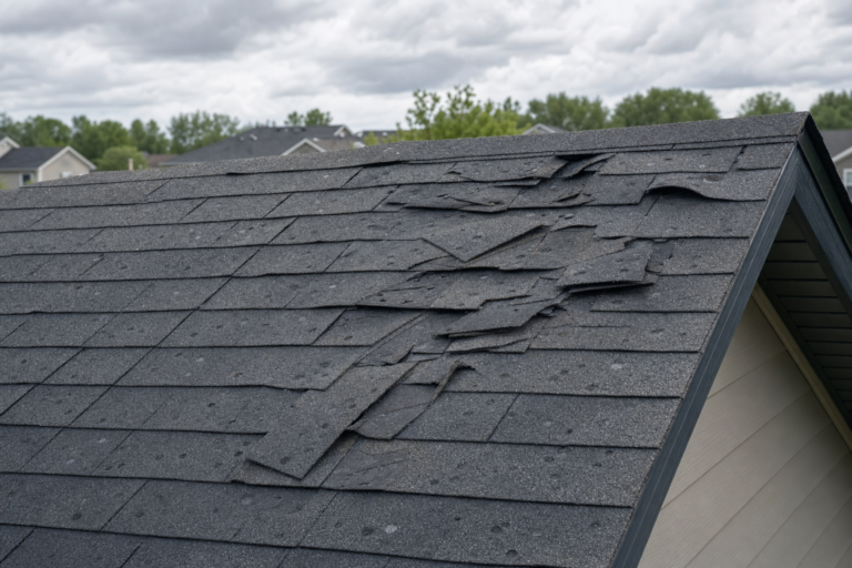 Storm-damaged roof on a Shakopee, MN home — torn shingles and debris after a Minnesota thunderstorm