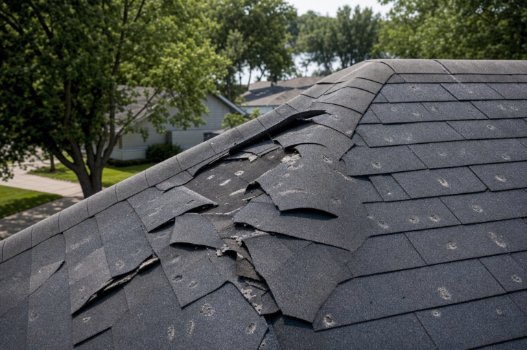 Storm-damaged roof on a Shoreview, MN home — torn shingles and debris after a Minnesota thunderstorm