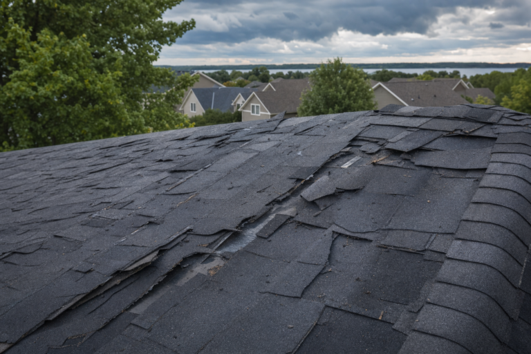 Storm-damaged roof on a Vadnais Heights, MN home — torn shingles and debris after a Minnesota thunderstorm