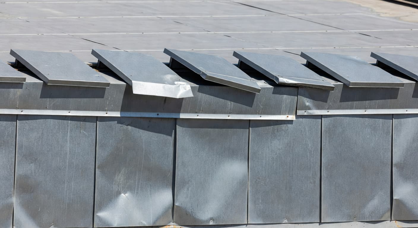 Can Wind Damage Coping Caps on Commercial Flat Roofs? A close-up view of a commercial flat roof parapet features metal coping caps that are bent and loose after a storm. Exposed flashing sits beneath the damaged exterior metal segments.