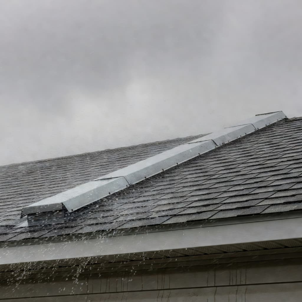 Can Wind-Driven Rain Enter Through Ridge Vents in Minnesota? A dark metal ridge vent is mounted on a sloped roof during a severe rainstorm. Heavy droplets streak horizontally past the metal seams as strong winds lash against the structure.