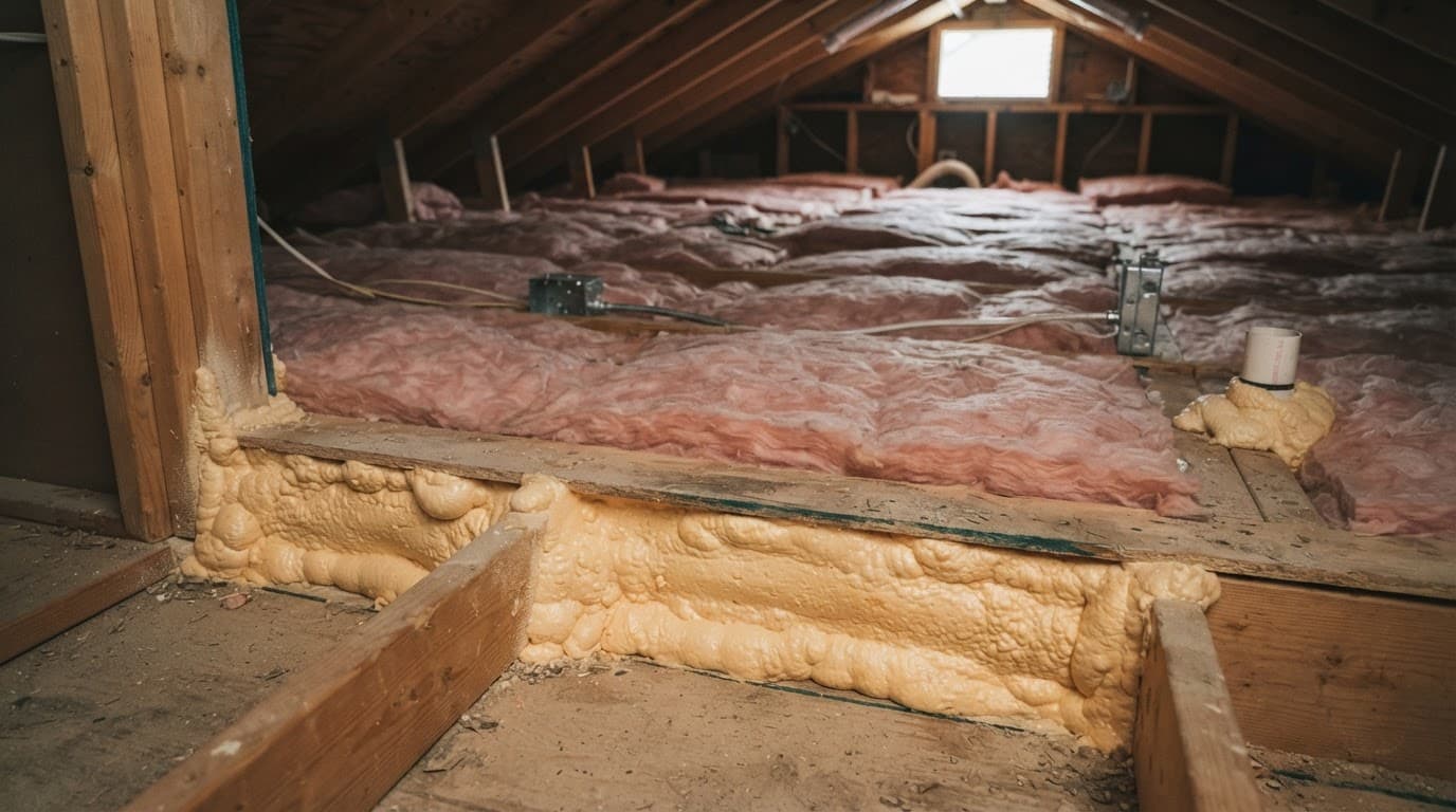 Fiberglass insulation and spray foam seal attic framing.