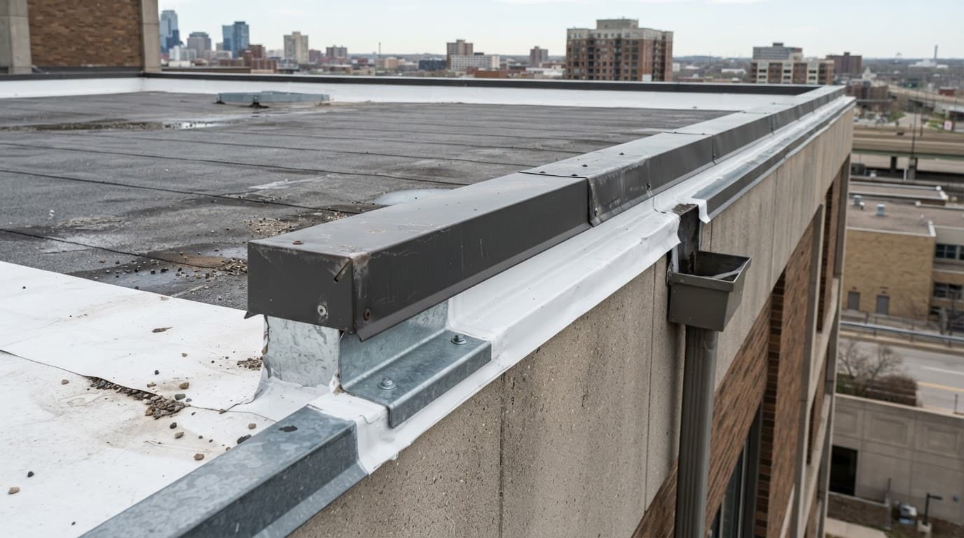 Close-up of commercial roof perimeter edge metal and flashing during an inspection.
