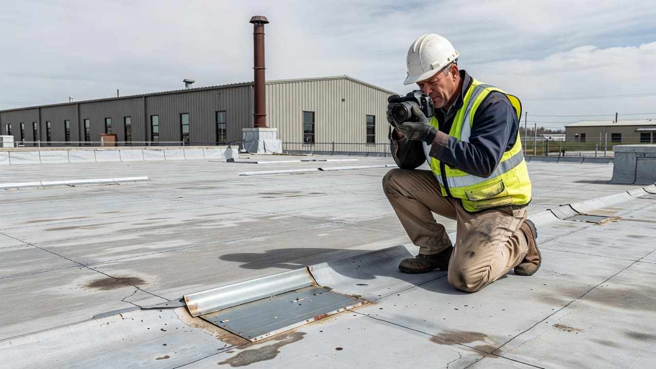 What Is a Proof of Loss for a Minnesota Roof Claim? A contractor photographs roof flashing on a commercial flat roof for documentation.