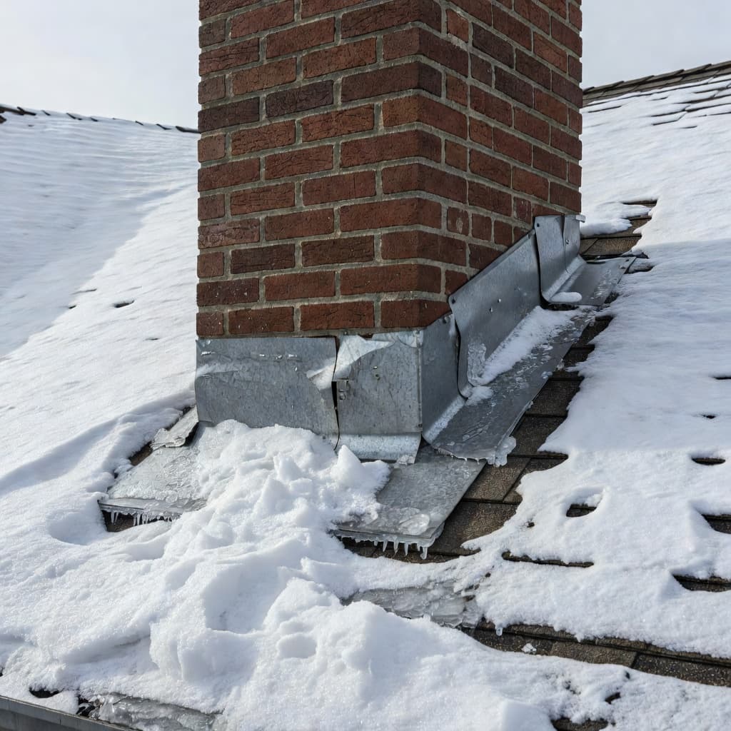 Can Freeze-Thaw Cycles Crack Chimney Counterflashing in Minnesota? A close-up view of a brick chimney on a snowy roof reveals bent metal counterflashing. Thick ice accumulates at the base where the metal has pulled away from the masonry joints.