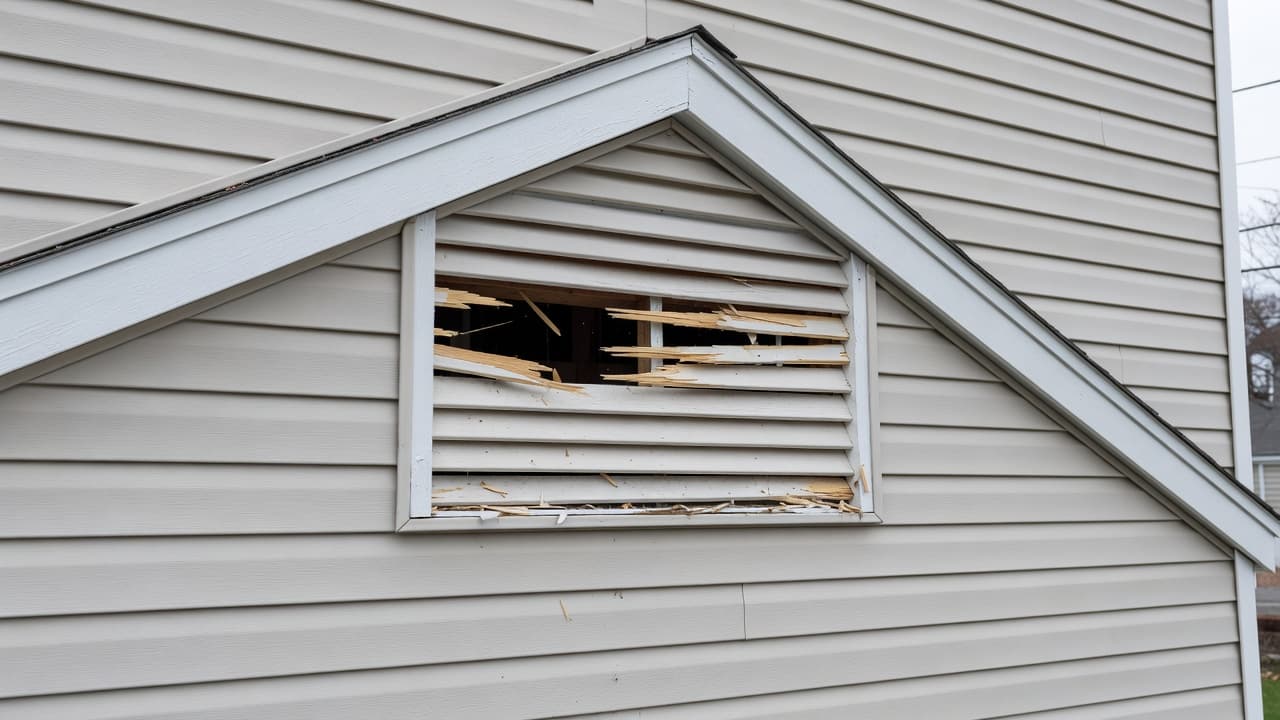 What Should You Do About Wind Damaged Gable Vents? Close-up of a broken gable vent on a home's exterior siding.