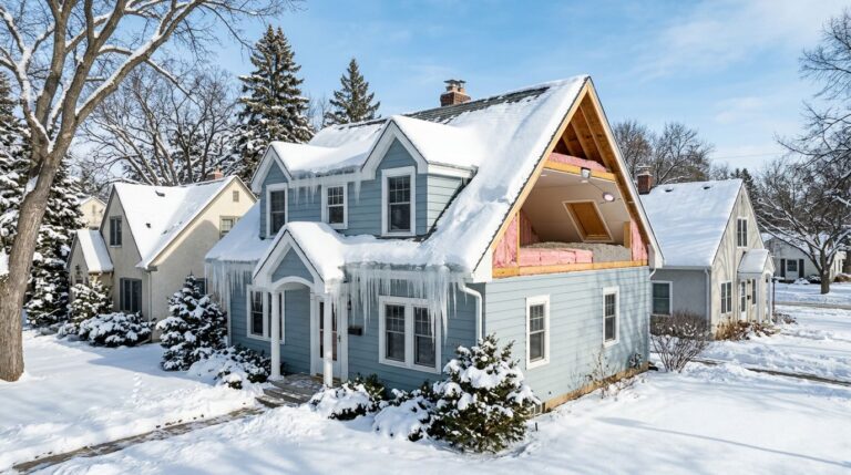 Snowy Minnesota home with an ice dam, icicles, and sealed attic gaps.