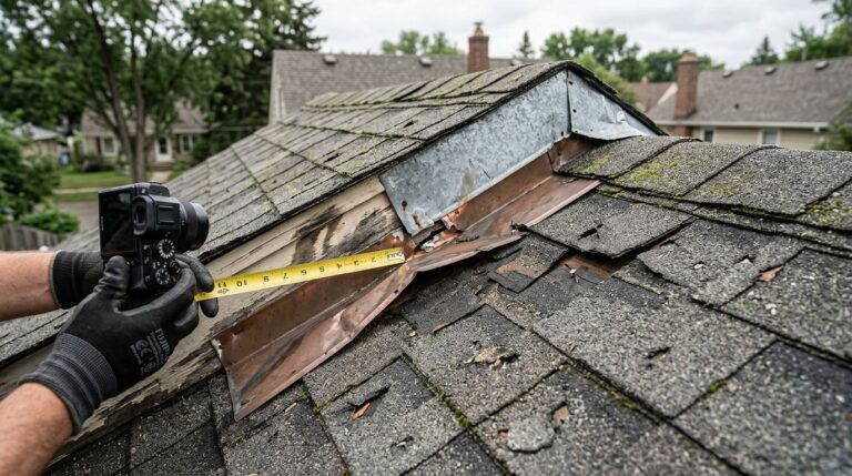 A contractor measures damaged metal step flashing on an asphalt shingle roof.