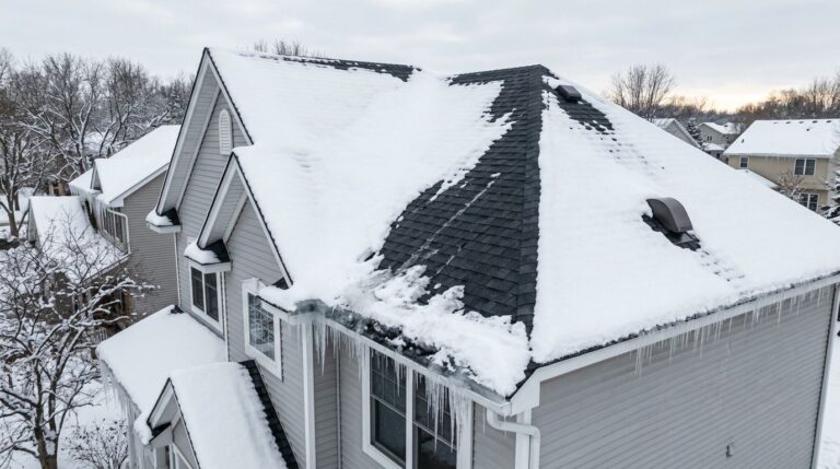 A snowy suburban roof featuring a thick ice dam and icicles along the eave.