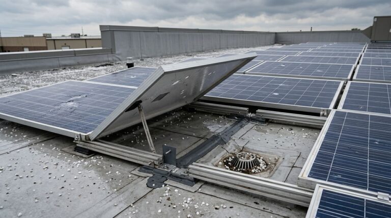 A lifted solar panel on a commercial roof reveals the TPO membrane and mounting brackets underneath.