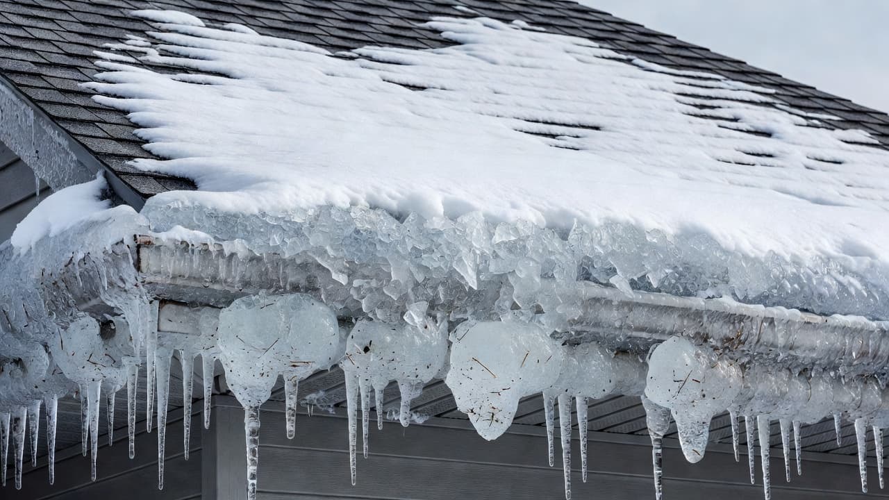 Can Clogged Gutters Cause Ice Dams on Minnesota Homes? Close-up of a residential roof eave with heavy ice buildup and blocked, frozen gutters.
