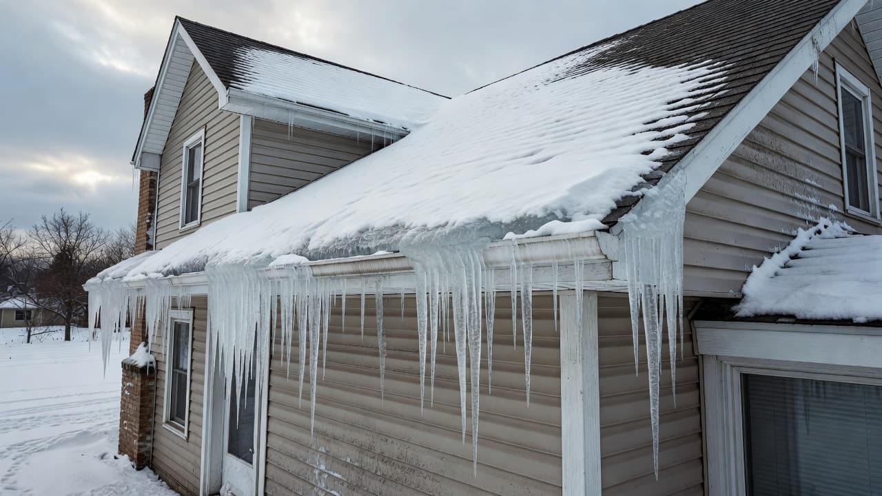 What Should You Do After Ice Storm Roof Damage in St. Paul? Heavy icicles hang from the gutters of a snowy residential roof in Minnesota.