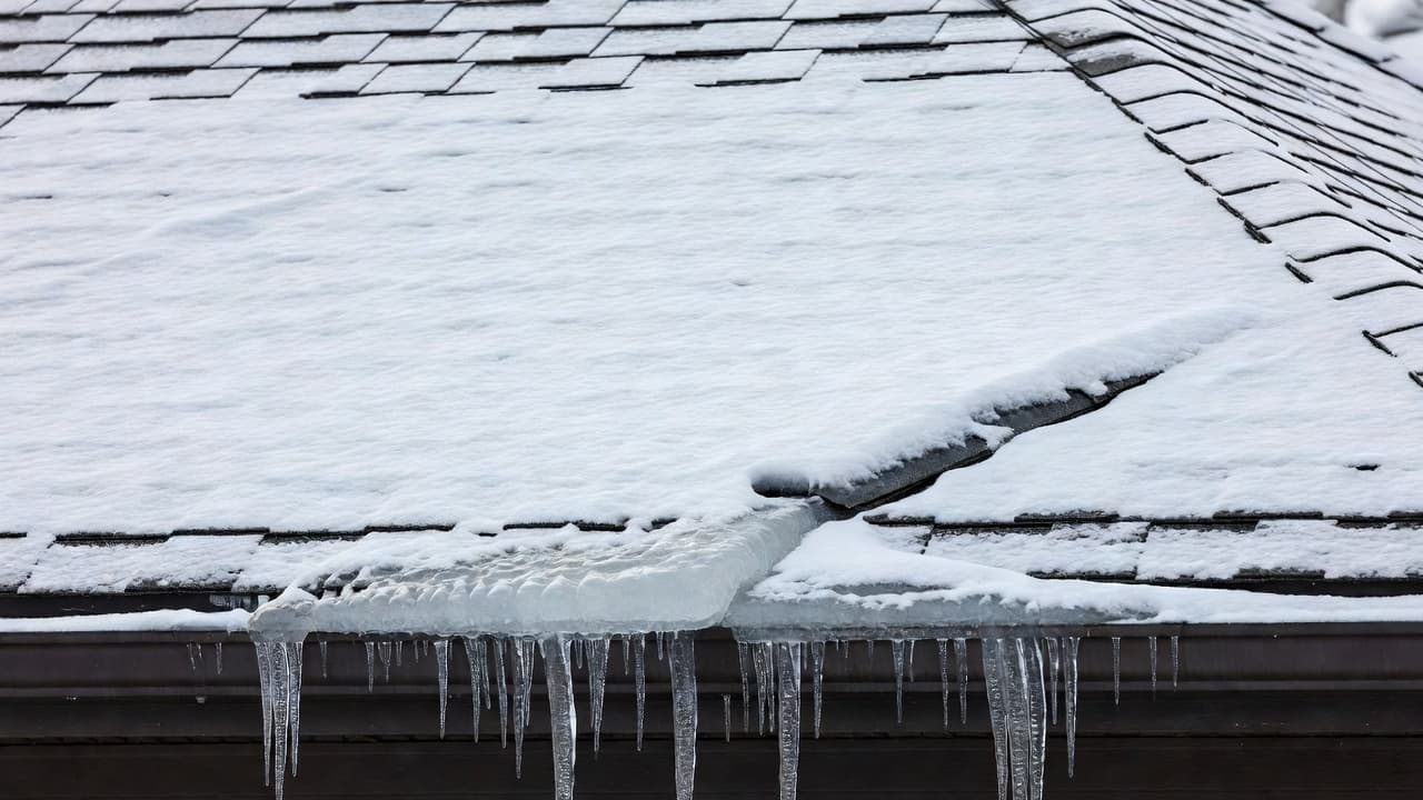 Can Recessed Lights Cause Ice Dams in St. Paul Homes? A steeply gabled roof covered in thick white snow features a sharp ice dam forming along the metal gutters. Sharp, transparent icicles hang precariously from the frozen edge above gray shingles.