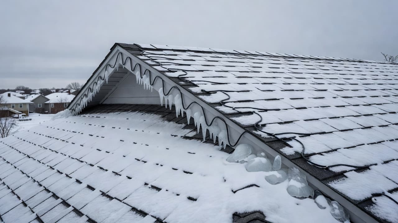 Do Heated Roof Cables Prevent Ice Dams on Minnesota Homes? A close-up view of a shingled residential roof edge featuring visible ice dams during a cold winter day. Zig-zag heating cables are mounted along the eaves under a soft, overcast sky.
