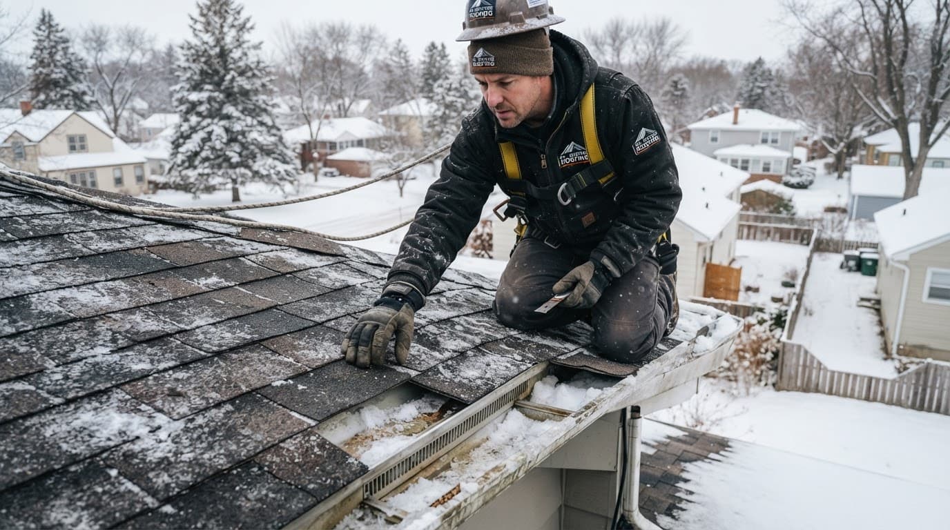 A roofer in winter gear inspects ventilation on a snow-covered residential roof.