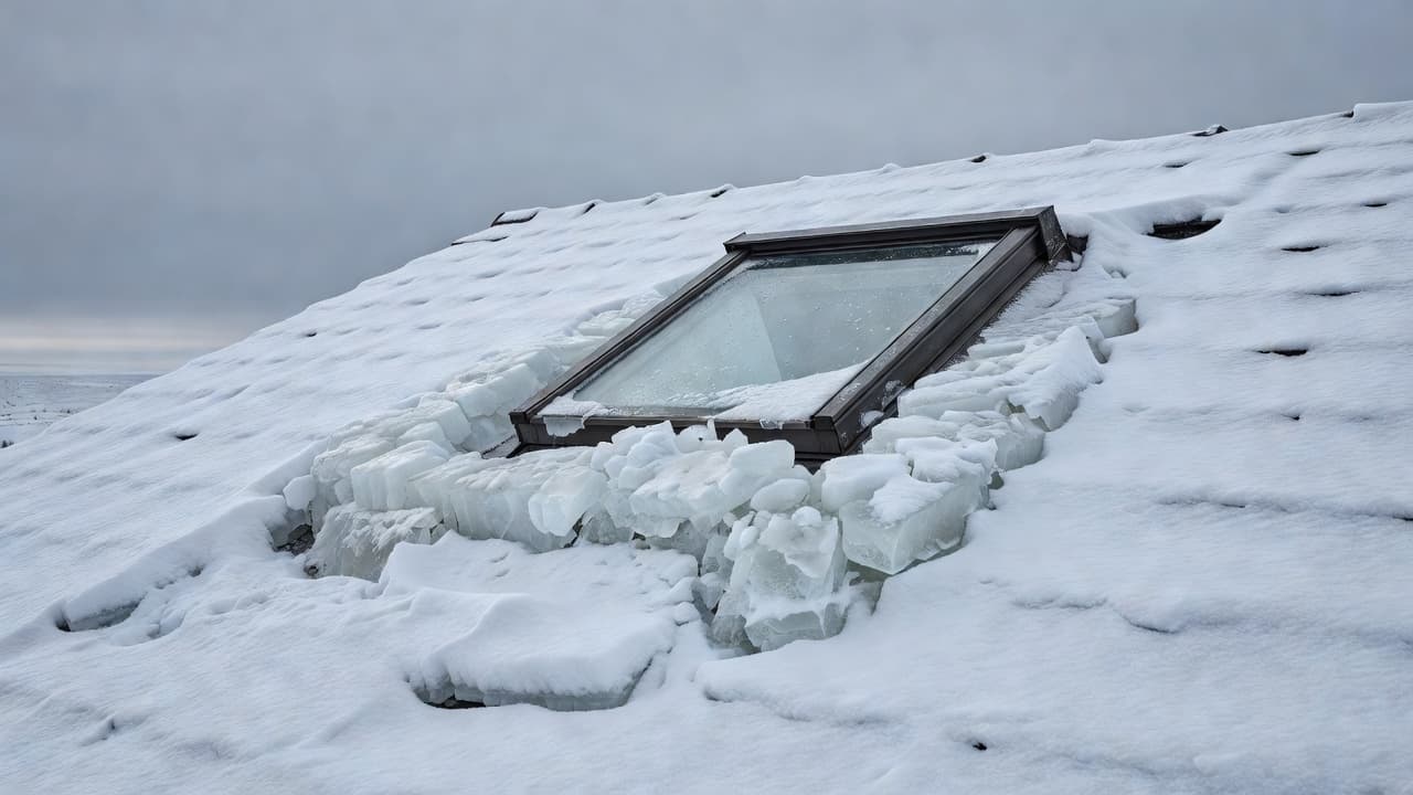 Can Ice Dams Cause Leaks Around Skylights in Minnesota? A close-up view of a residential skylight framed by heavy snow and thick chunks of ice. The metal flashing is partially obscured by jagged frozen formations under a gray sky.