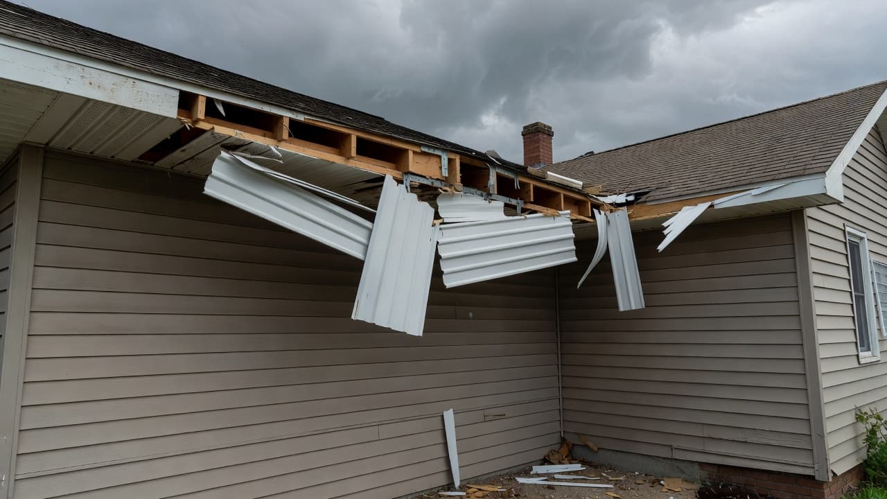 What Does Wind Damage Look Like on Roof Soffits? Detached panels and exposed framing revealing storm damage on a residential roof soffit.