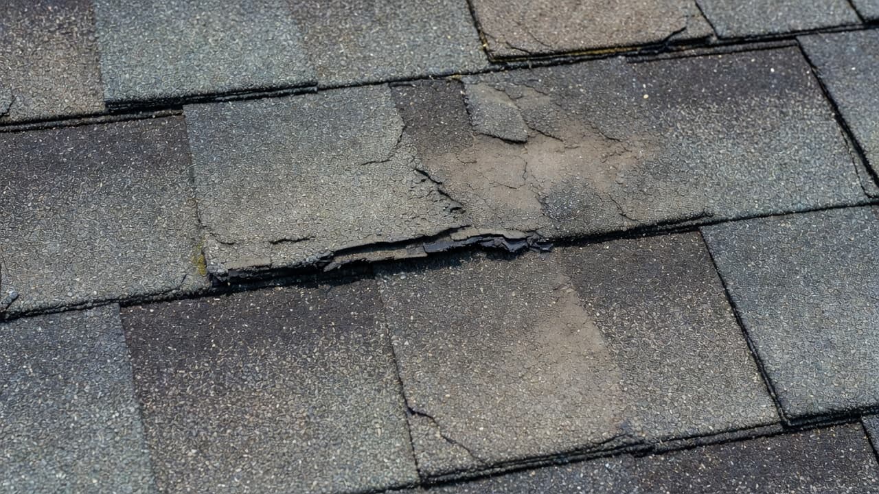 How Do You Spot Fresh Wind Damage Shingle Creases? A close-up shot of gray asphalt roofing material displays a sharp, diagonal crease running across the granular surface texture. Harsh daylight emphasizes the structural fold caused by recent high wind activity.