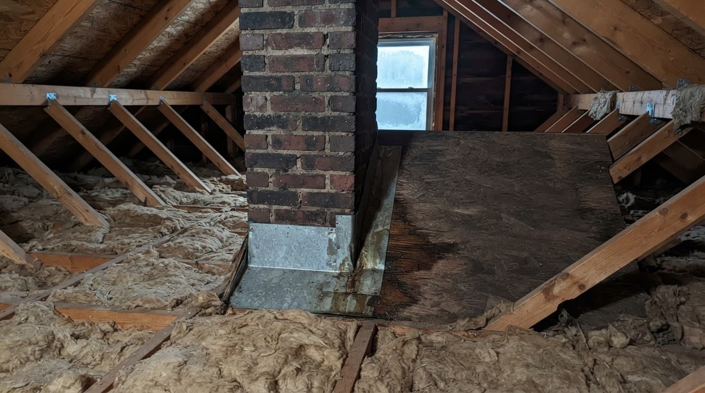 How Should St. Paul Homeowners Check a Chimney Crown Before Winter? Masonry chimney with a small water stain on nearby attic roof sheathing.