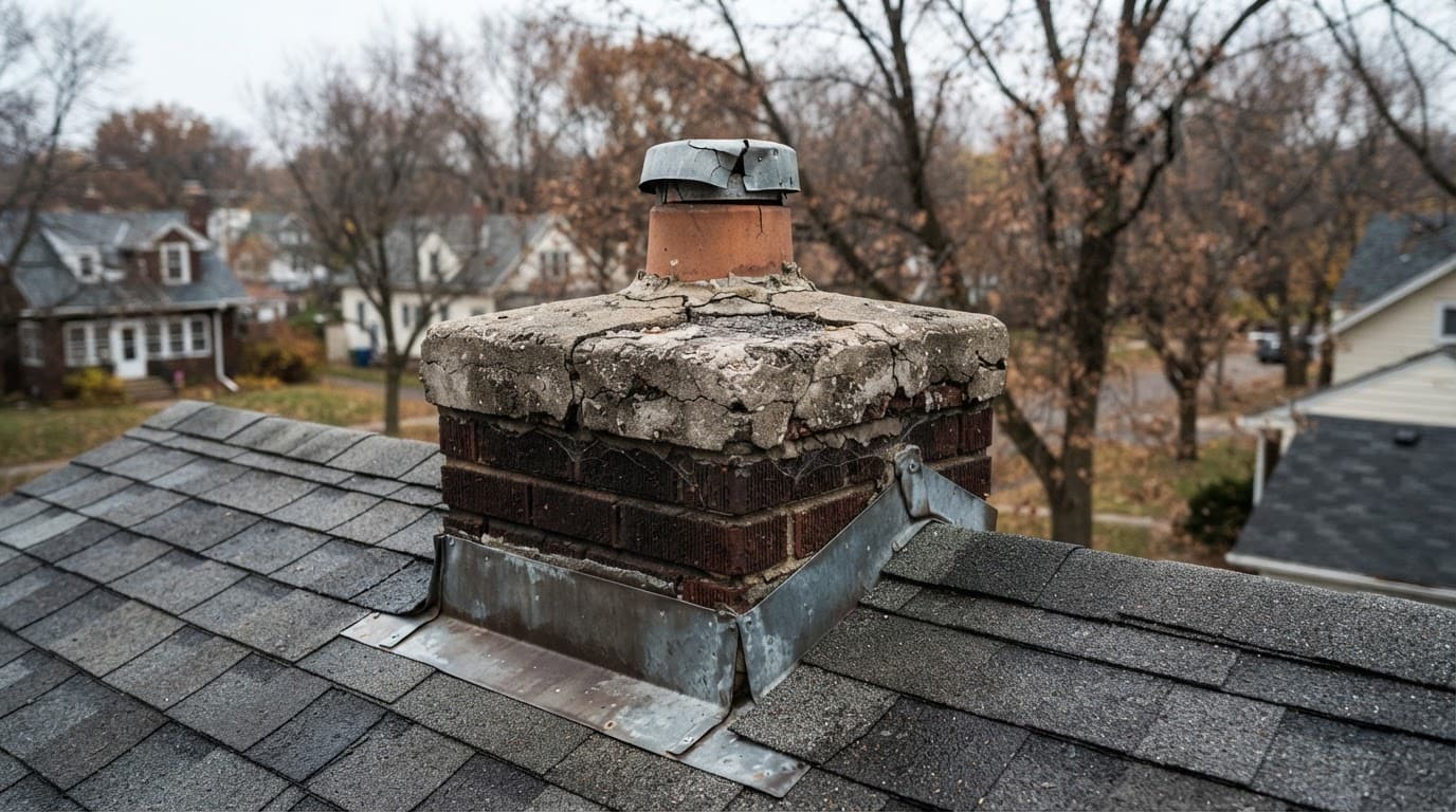 How Should St. Paul Homeowners Check a Chimney Crown Before Winter? Close-up of a cracked chimney crown, metal flashing, and roof shingles under a cold sky.