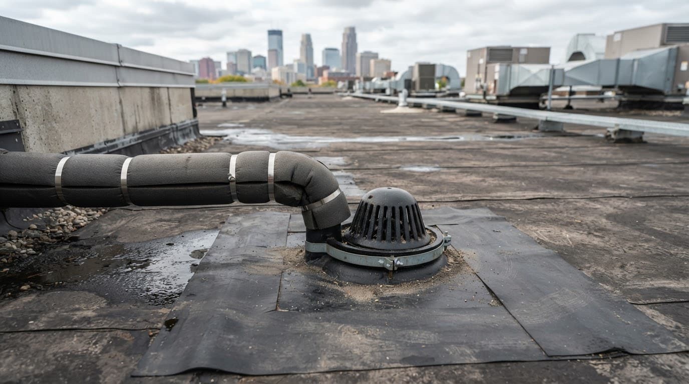 An internal roof drain and insulated pipe on an EPDM commercial roof.