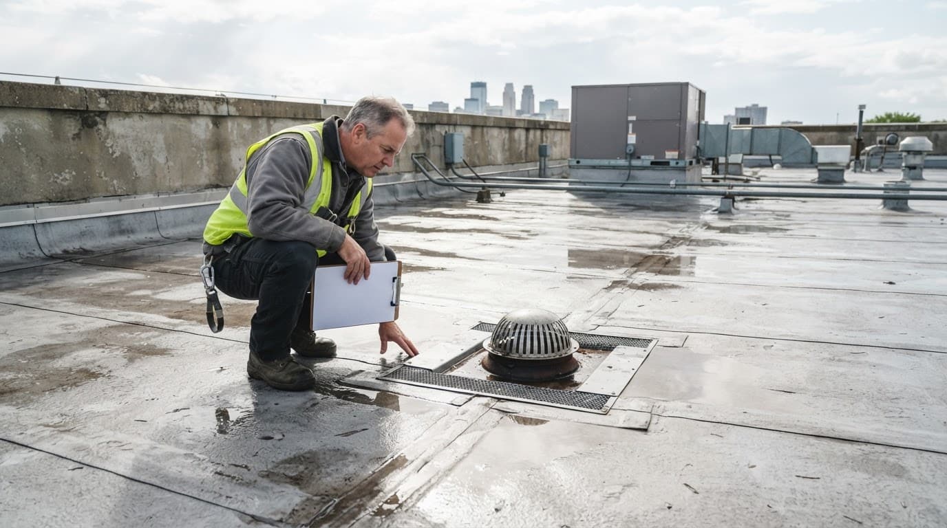 What Should Businesses Do After Hail Damages a Roof Drain? A roofer inspects a TPO membrane beside a commercial roof drain after rain.