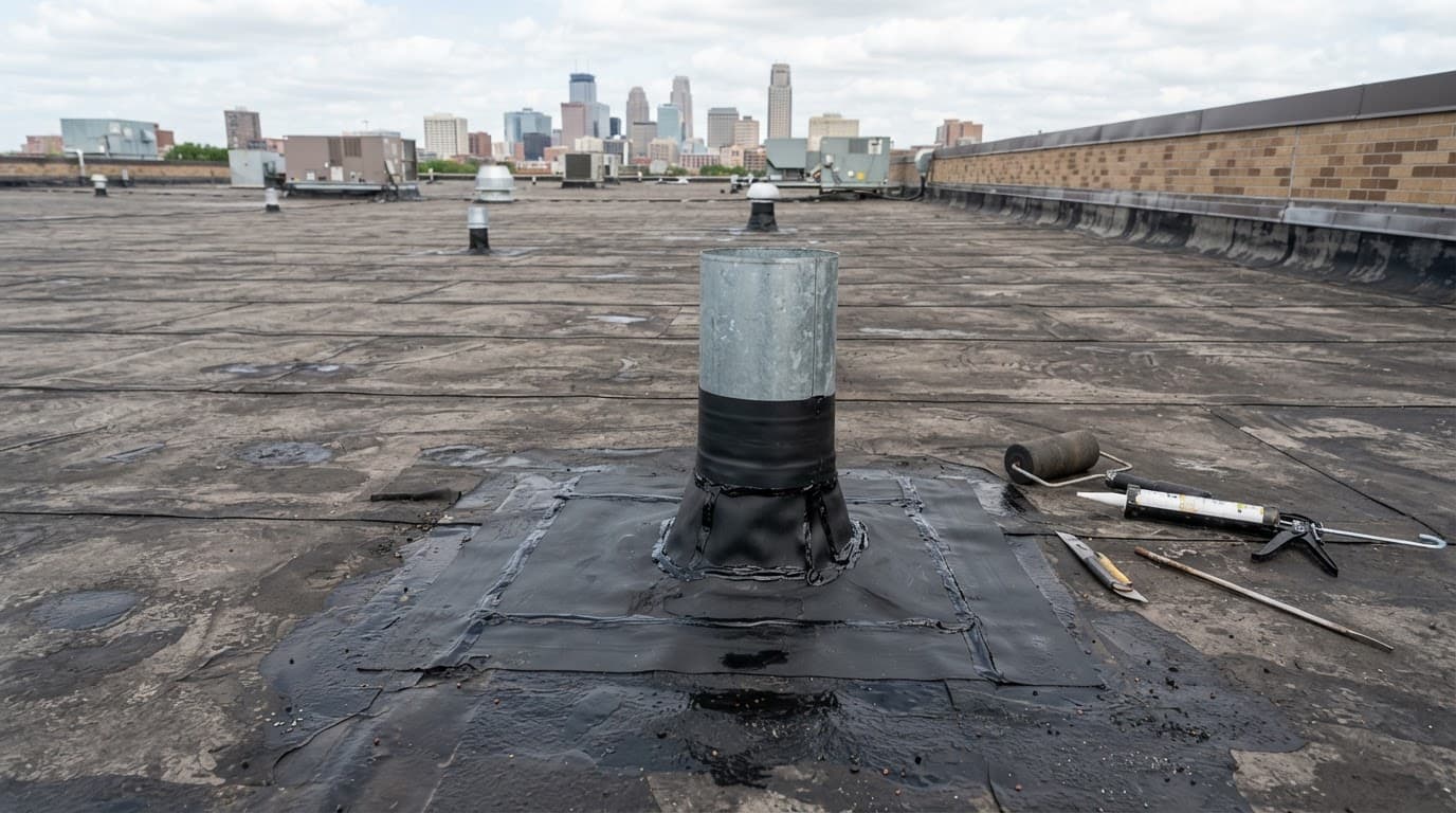 EPDM roofing membrane and metal flashing on a flat warehouse roof.