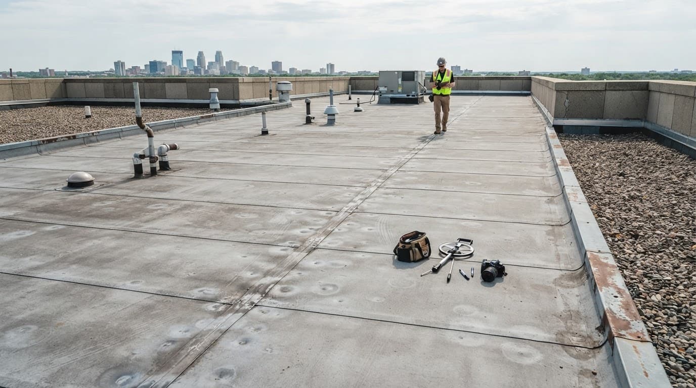 A commercial roof shows hail damage near seams, vents, drains, and a distant inspector.