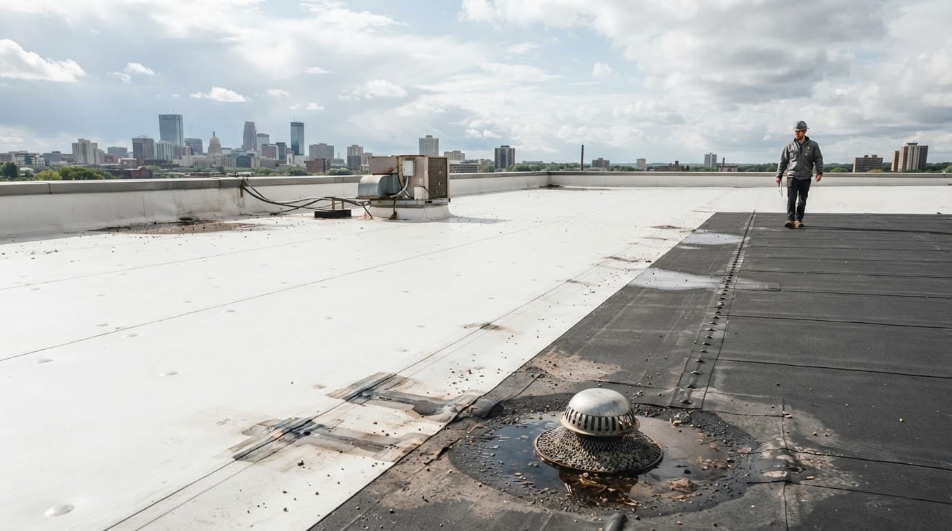 What Does a Minnesota Roof Claim Timeline Look Like After Hail? A worker inspects a flat roof with white membrane, seams, drains, and light hail marks.