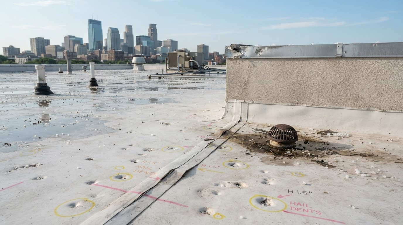 How Does a Hail Damage Deductible Work After Two Storms? Commercial TPO roof with hail marks, exposed seams, displaced flashing, and a rooftop drain.