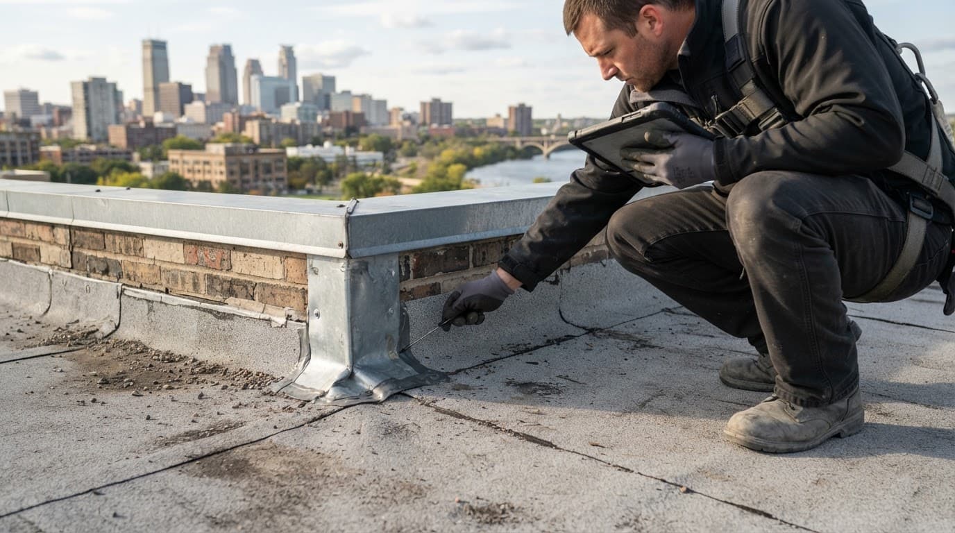 Commercial roof membrane with sealed seams and flashing in daylight.