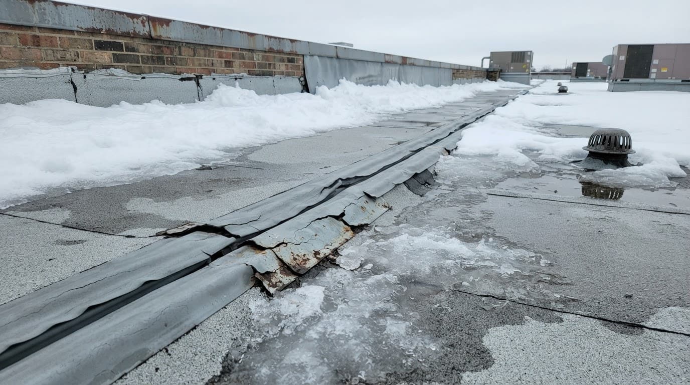 Commercial roof expansion joint with cracked flashing, ice, drains, and a cleared path.