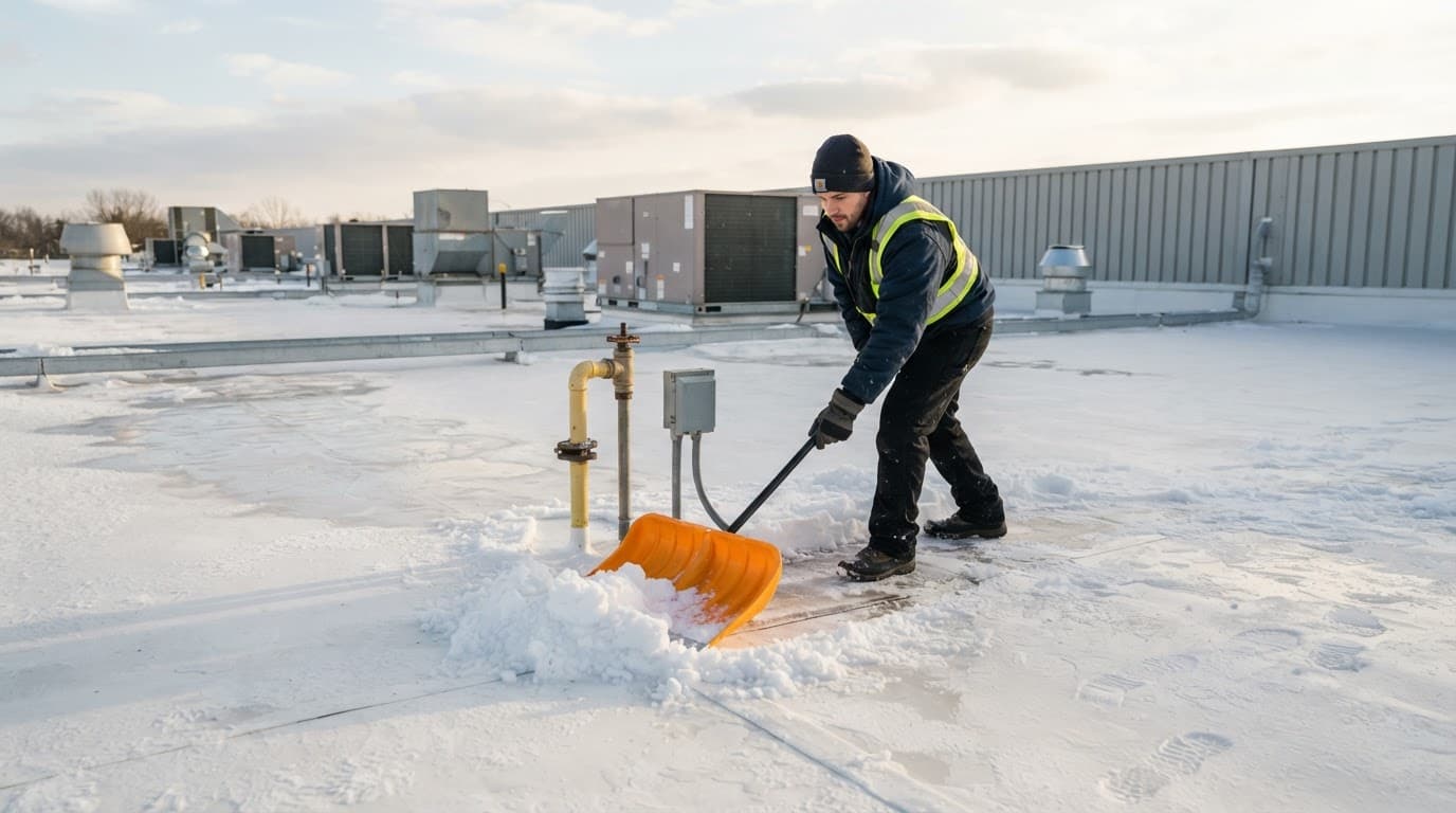 Can TPO Roof Snow Removal Cause Damage in Minnesota? A worker shovels snow from a white commercial roof near HVAC units.